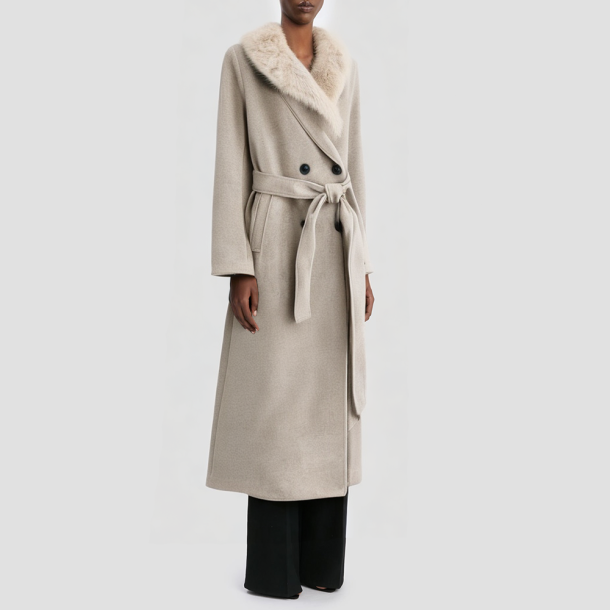 Double-breasted belted faux fur coat