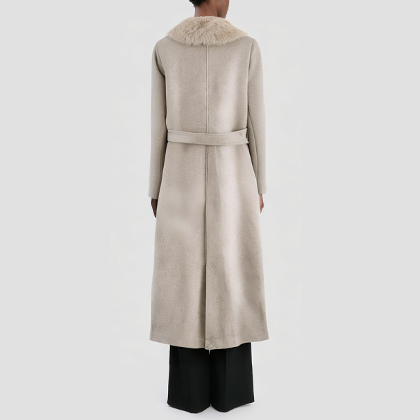 Double-breasted belted faux fur coat