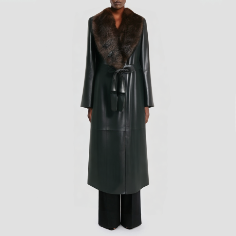 Women's long coat with detachable faux fur collar