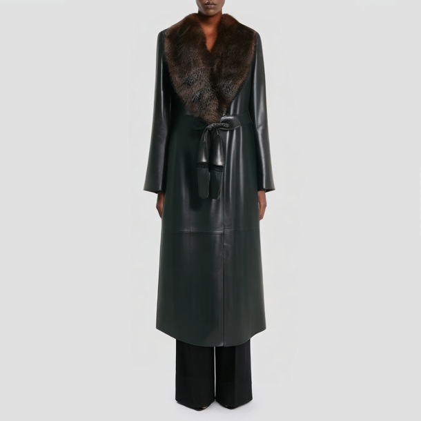 Women's long coat with detachable faux fur collar