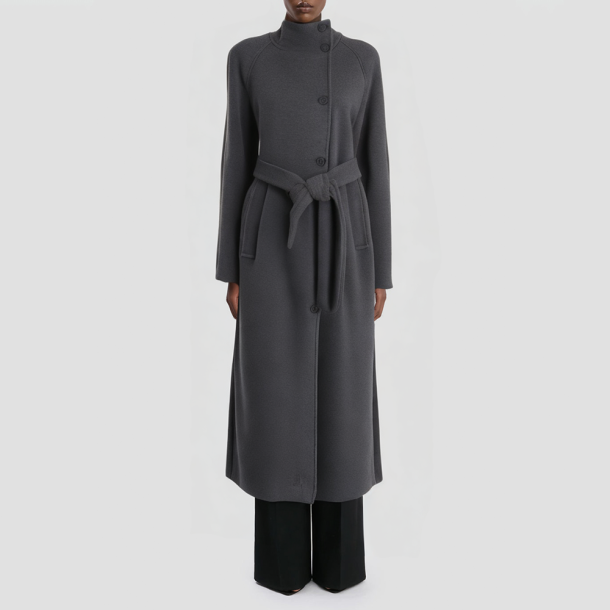 Stand-collar belted long-sleeved jacket