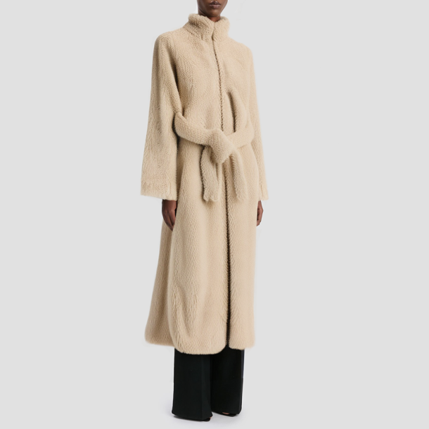 Faux fur collar belted coat