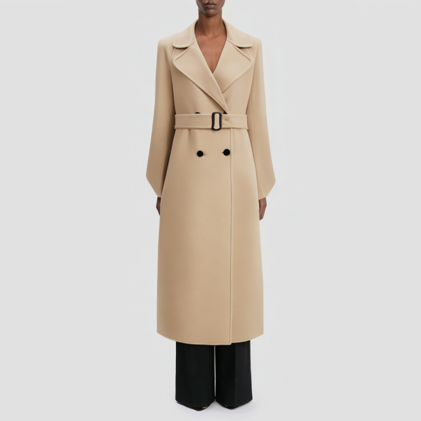 Adjustable waist double-breasted wool long coat