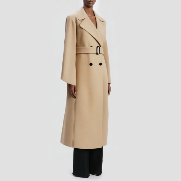 Adjustable waist double-breasted wool long coat