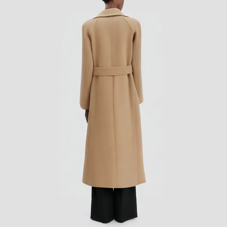 Adjustable waist double-breasted wool long coat
