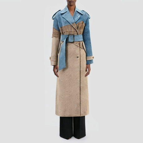 Checked pattern patchwork double-breasted wool coat