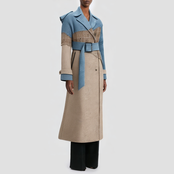 Checked pattern patchwork double-breasted wool coat