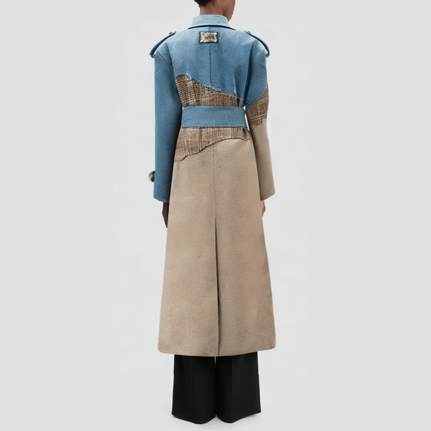 Checked pattern patchwork double-breasted wool coat