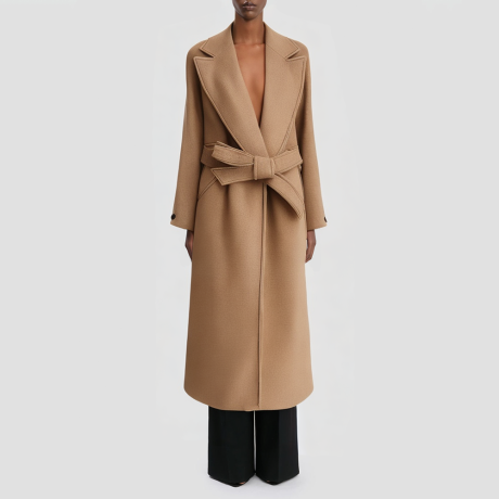 Tweed long casual coat with a belt