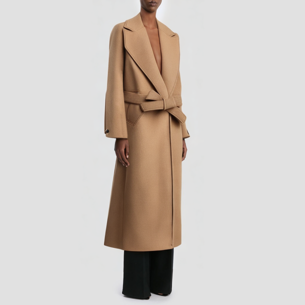 Tweed long casual coat with a belt