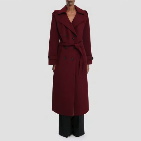 Double-breasted belted long trench coat for women