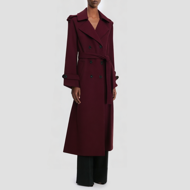 Double-breasted belted long trench coat for women