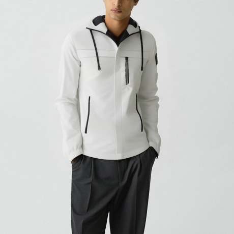 Men's white stand-collar rabbit fur bomber jacket