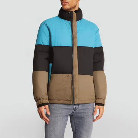 Blue puffer jacket with a stand-up collar