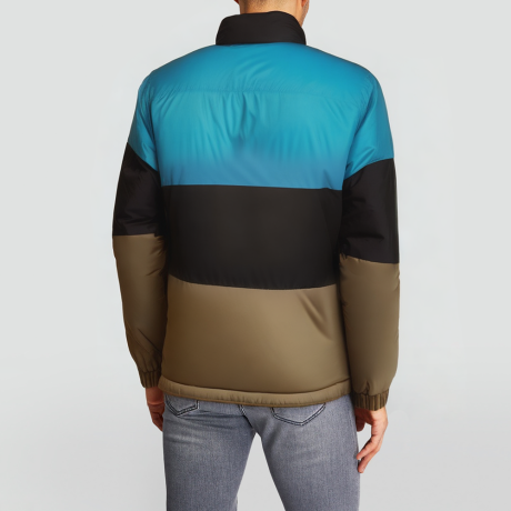 Blue puffer jacket with a stand-up collar