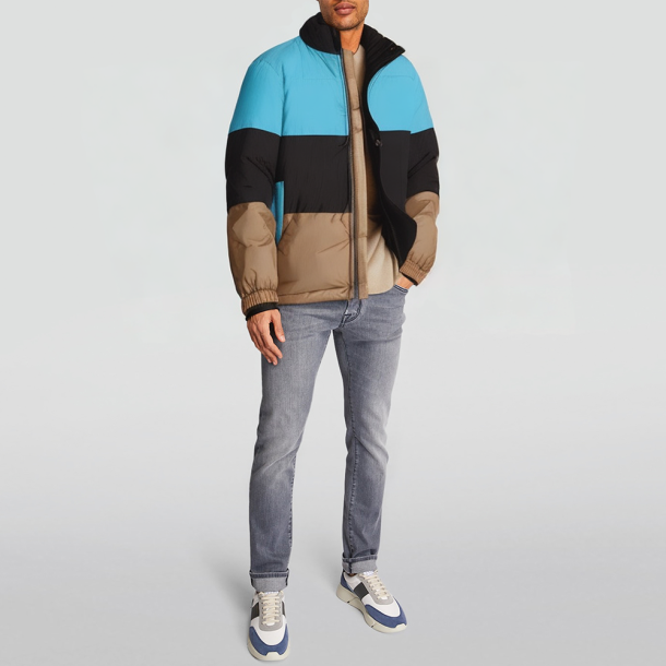 Blue puffer jacket with a stand-up collar