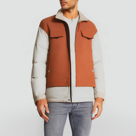 Brown patchwork hooded warm down jacket