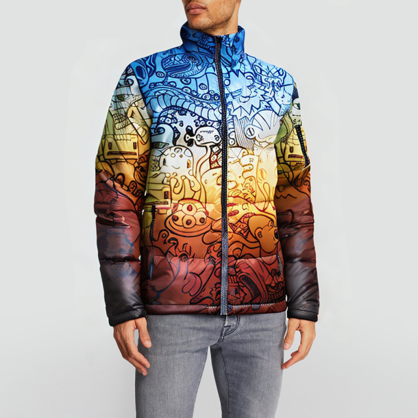 Blue 3D textured bomber jacket with bubble-like padding