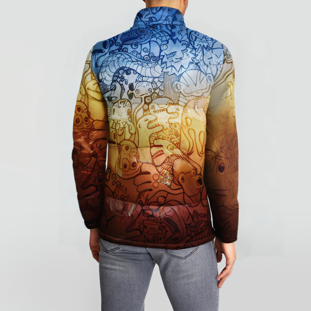 Blue 3D textured bomber jacket with bubble-like padding