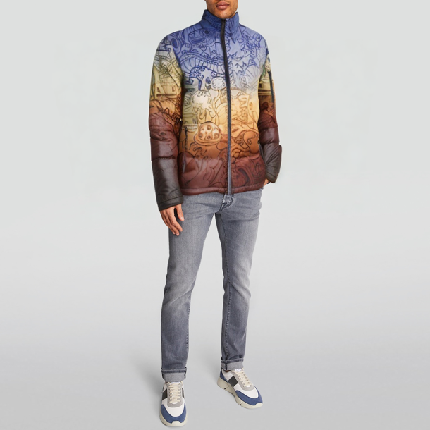 Blue 3D textured bomber jacket with bubble-like padding