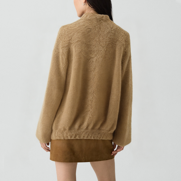 Round-neck jacket with raw edge finish