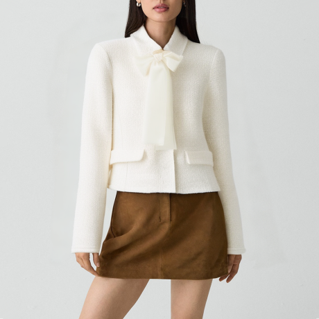 Retro lapel bow-tie textured coat