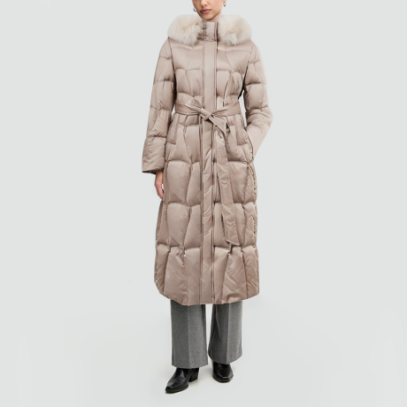 Down jacket with fox fur collar and drawstring hood