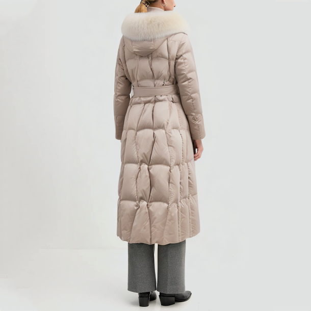 Down jacket with fox fur collar and drawstring hood