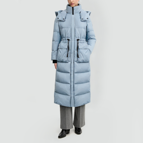 Blue hooded goose down jacket
