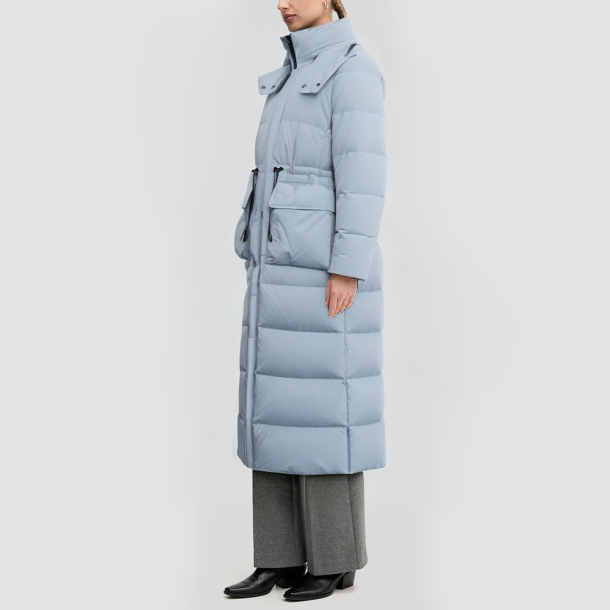 Blue hooded goose down jacket