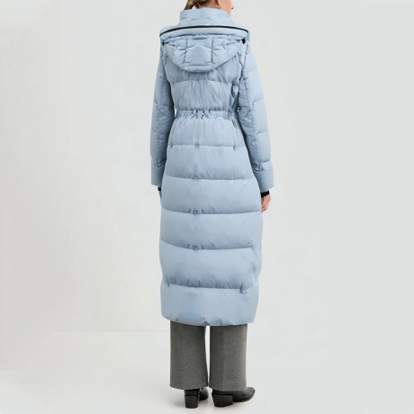 Blue hooded goose down jacket
