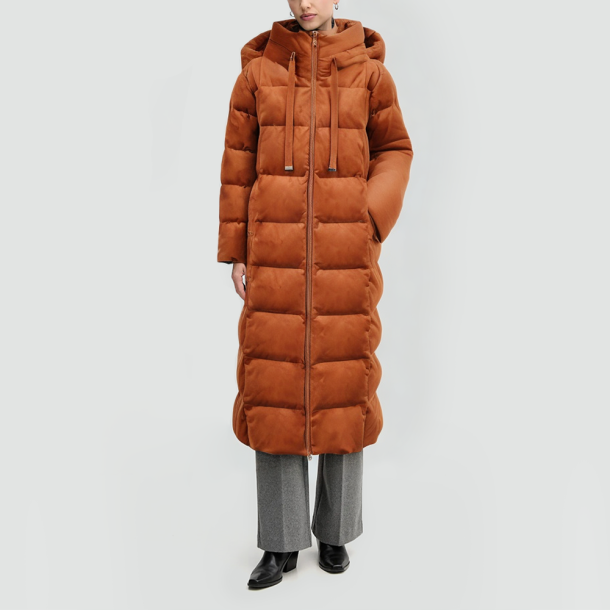 Camel hair filled hooded down jacket