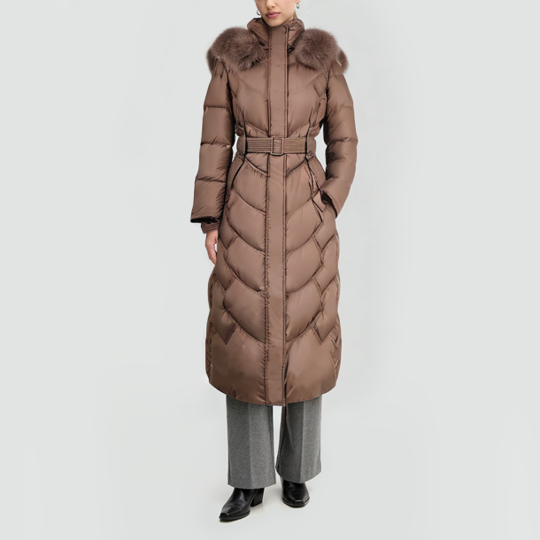 Fox Fur Hooded Waist-Tied Down Jacket