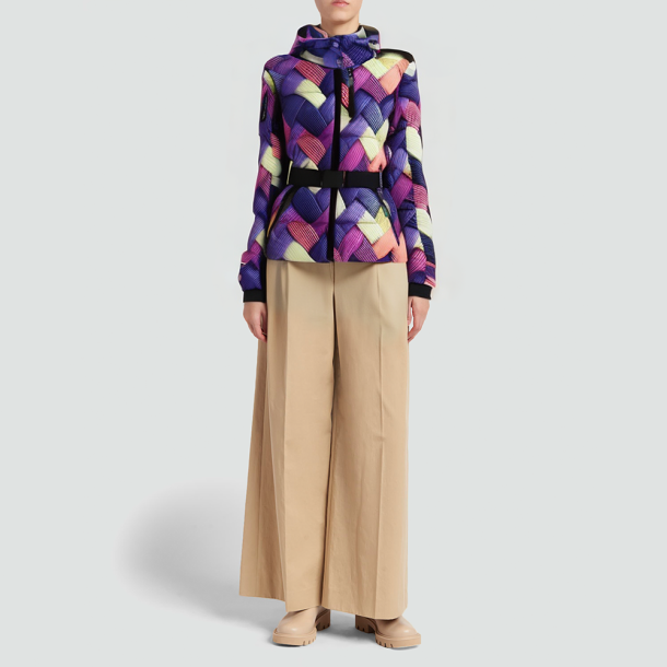 Retro style hooded down jacket with belt