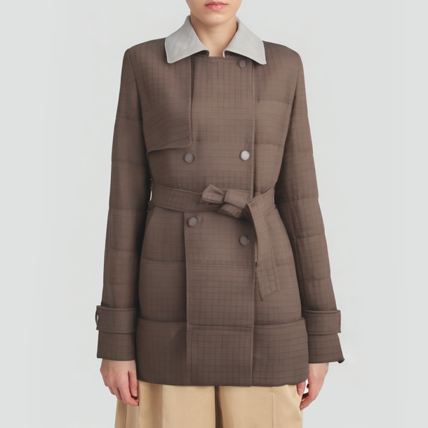 Women's brown checkered down trench coat