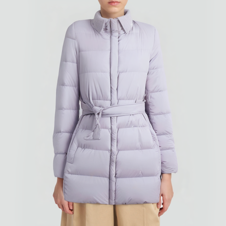 Lavender-colored short down jacket with knitted collar
