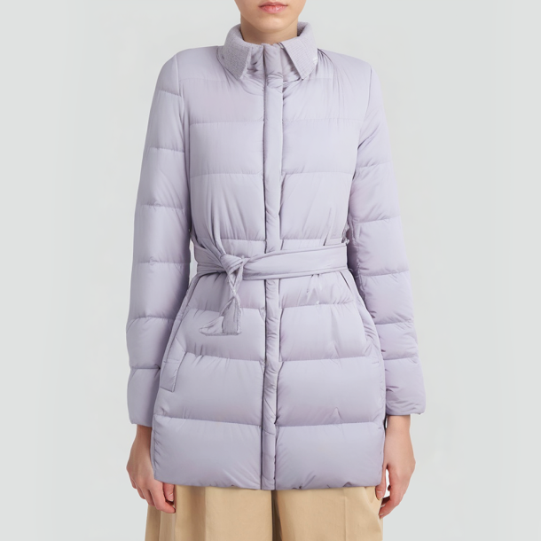 Lavender-colored short down jacket with knitted collar