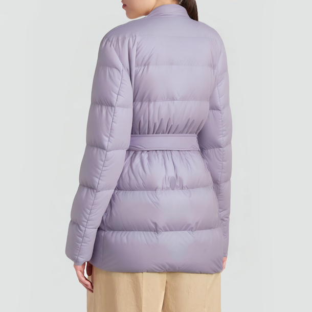 Lavender-colored short down jacket with knitted collar