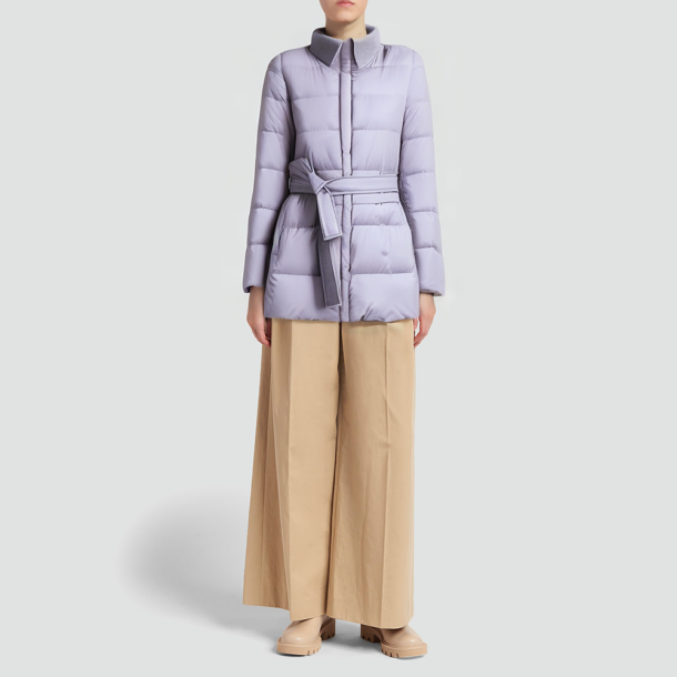 Lavender-colored short down jacket with knitted collar