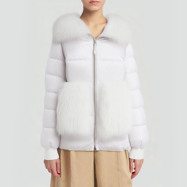 Luxury short down jacket with white fox fur collar